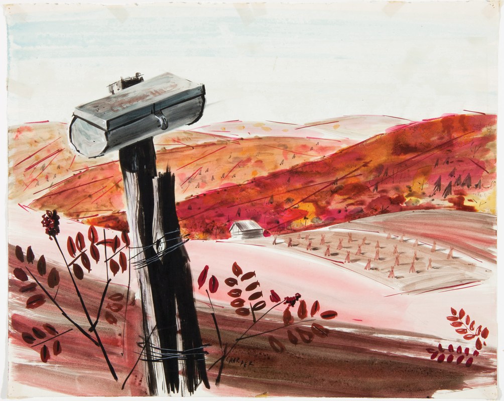 photo of early Charley Harper painting of the farm in Frenchton, WV, that he grew up on