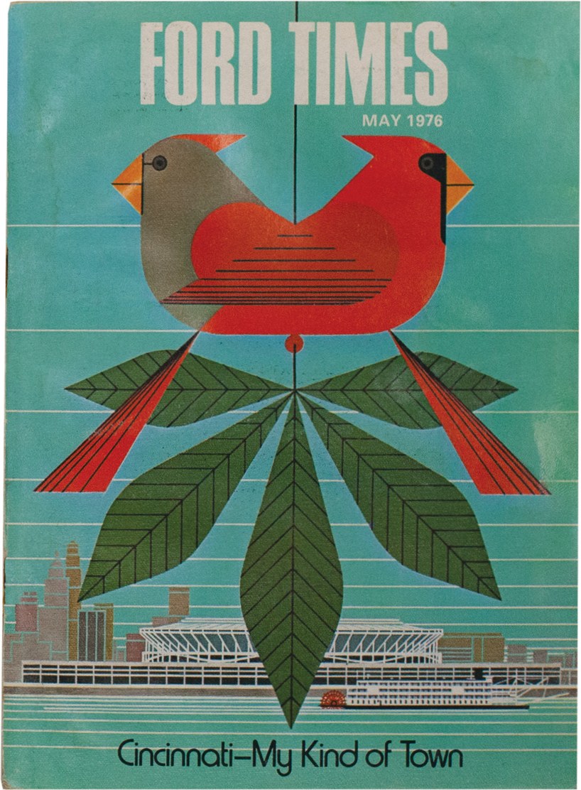 cover of May 1976 “Ford Times” magazine, showing the “Cardinals Consorting” image, subtitled “Cincinnati—My Kind of Town”