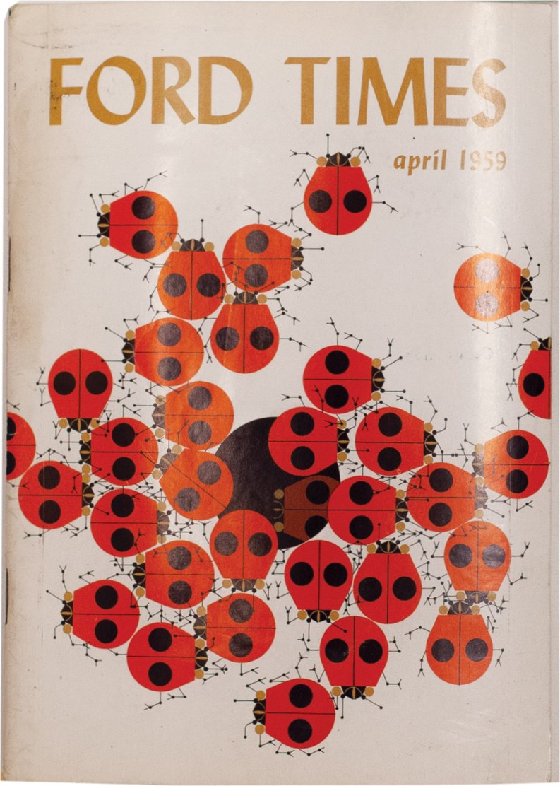 cover of April 1959 “Ford Times” magazine, showing ladybugs crawling near a hole