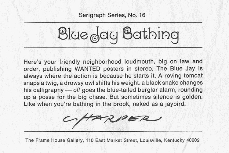 Serigraph Series, No. 16—Blue Jay Bathing—Here's your friendly neighborhood loudmouth, big on law and order, publishing WANTED posters in stereo. The blue jay is always where the action is because he starts it. A roving tomcat snaps a twig, a drowsy owl shifts his weight, a black snake changes his calligraphy and off goes the bluetailed burglar alarm, rounding up a posse for the big chase. But sometimes silence is golden, like when you're bathing in the brook, naked as a jaybird.—Charley Harper—The Frame House Gallery, 110 East Market Street, Louisville, Kentucky 40202-1306
